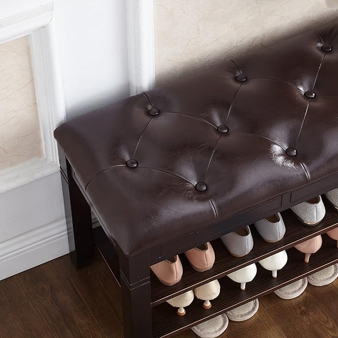 Shoe Storage Bench with Cushion, Entry Bench with Storage Solid Wood Shoe Bench Ideal for Entryway Living Room and Corridor (Brown, 31.5'')