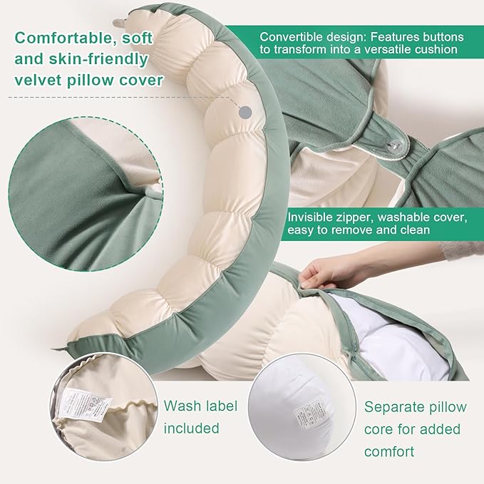 Peallow(Pat. Pend) – Long Round Body Pillow for Adults, Bolster Pillow for Sleeping, Soft and Supportive Pillow for Sleeping & Lumbar Support (Green-White, 59")