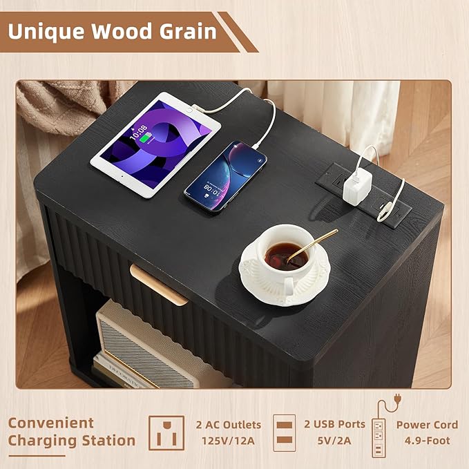 LEYAOYAO 48" Wide Fluted Dresser and 1 Drawers 23" Nightstand Set of 2, Wooden Dresser & Night Stand with Charging Station, 3 Piece Bedroom Furniture Set, Chest of Drawer for Living Room,Black