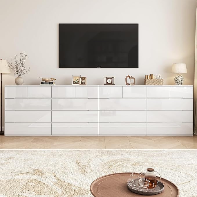 10 Drawer White Dresser for Bedroom, 55" Long Dresser Chest of Drawers, Large High Gloss Modern Storage Cabinet with Big Drawers Handle Free, Living Room, Entryway, Hallway