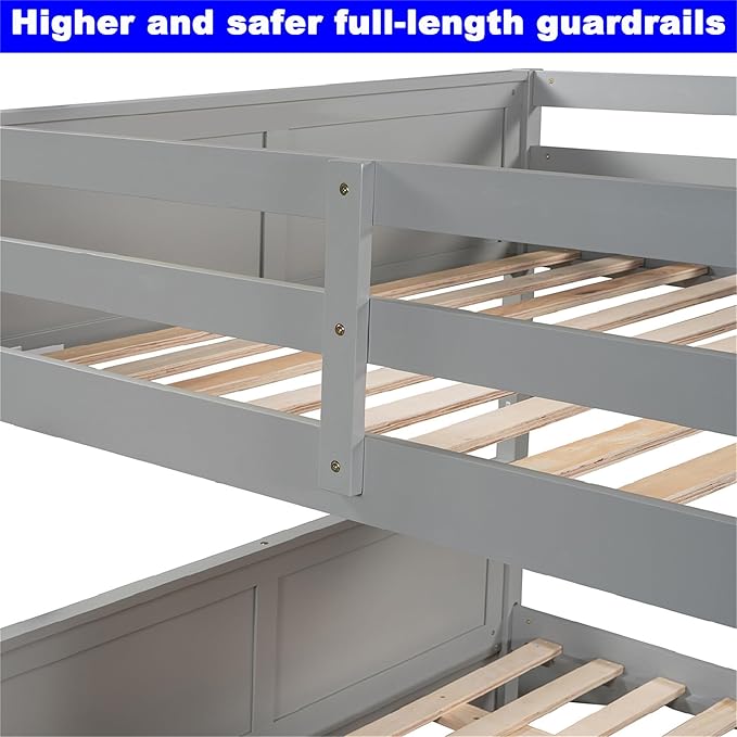 Upgraded Version Best Full Over Full Bunk Bed with Trundle, Thicken Solid Wood Full Size Bunk Bed, Bunkbed Frame Full Over Full, Convertible to 2 Beds, Easy Assembly for Adults (Grey)
