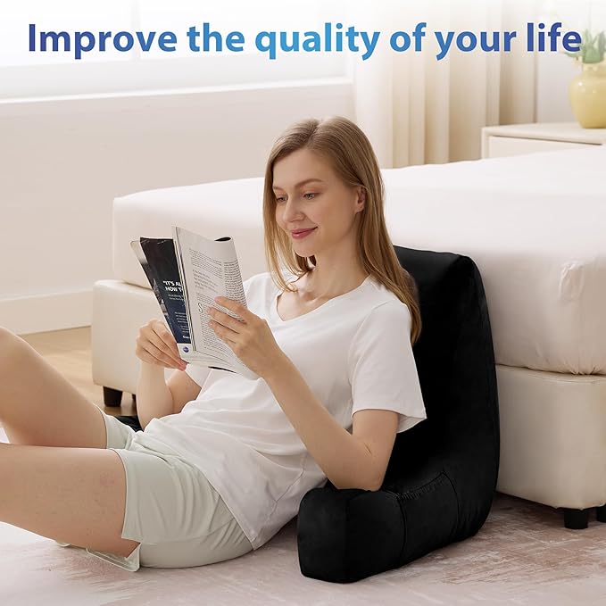 IPYNBAP Back Pillow for Bed Sitting up, Reading Pillow for Sitting in Bed Adult, Back Support Pillow, Memory Foam Sit up Lounge Backrest Pillow with Arms for TV, Couch, Chair, Dorm, 18 Inch, Black