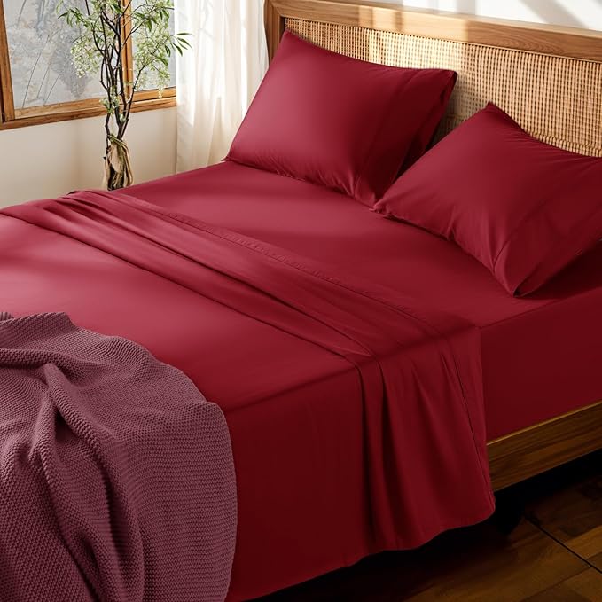 LBRO2M 100% Cotton Sheets Set Deep Pocket 19", 1000 Thread Count Full Size 4 Piece Bed Sheet Sets Soft Comfortable Bedding All Season (Full, Burgundy)