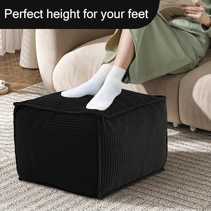 MeMoreCool Stuffed Pouf Ottoman Foot Rest Square, Corduroy Floor Pouf Foot Stool with Foam Chunk Filling, Soft Stuffed Ottoman Footrest for Living Room, Black
