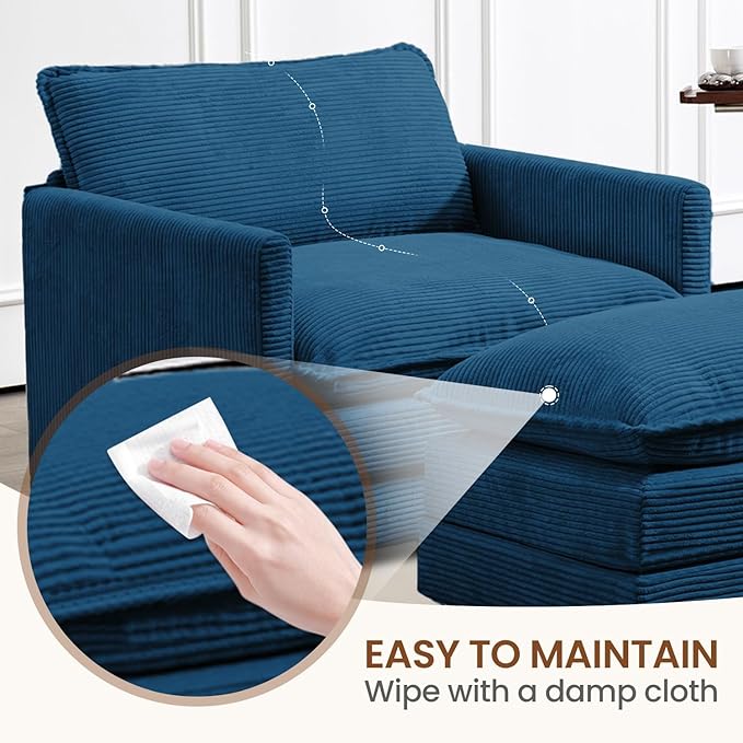 ROWHY Single Armchair with Ottoman, Modern Corduroy Cloud Couch with Convertible Chaise, Upholstered Sofa Set for Living Room and Office, Blue