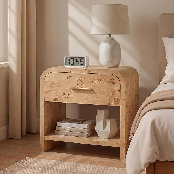 Night Stand [Unique Curved Profile] [FSC-Certified Wooden Board] 1-Drawer and 1 Storage Shelf Nightstand 24" H Metal Handle Modern Bedside Table Side Table End Table