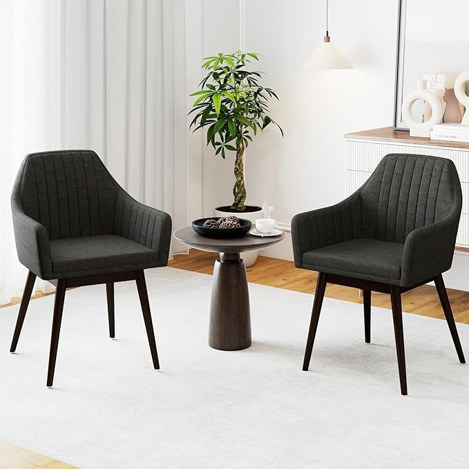 Giantex Upholstered Dining Chairs Set of 2, Mid Century Kitchen Chairs with Solid Wood Legs, Wrap-Around Backrest, Modern Accent Armchair for Living Room, Dining Room, Bedroom, Dark Grey