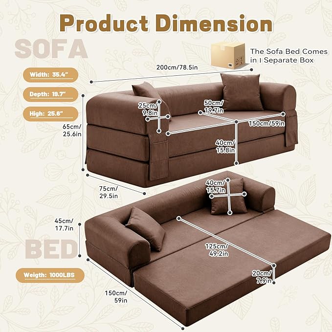 Convertible Sleeper Sofa Bed,78.5 Inch Faux Leather Futon Couch with Pillows & Storage Pocket,5-in-1 Folding Sofa Bed Queen with Pull Out Beds,Boneless Couches for Living Room,Couch in a Box,Brown