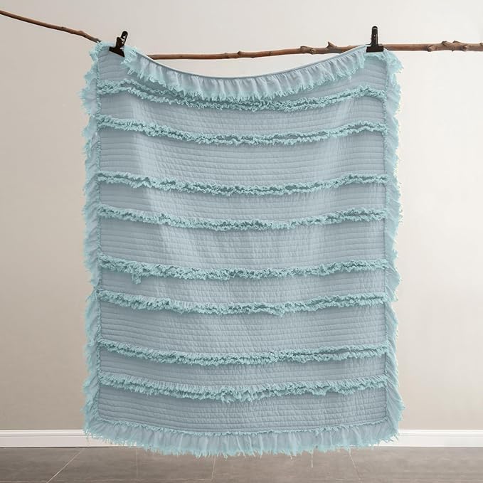 Ultra Soft Pre-Washed Warm Quilted Throw Blanket, Ruffle Fringed Blue Green Boho Decorative Throw, Stone Washed Chic Rustic Blanket for Sofa Couch Bed Chair, 50"x 60"