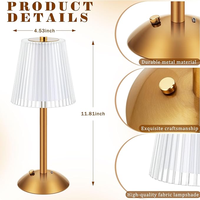 Liliful 2 Pcs Cordless Table Lamp Rechargeable Touch LED Small Gold Portable Battery Operated USB-c Desk Lamp 3 Color Dimmable for Bedroom Living Room Dining (Gold,Hollow Lined Style)