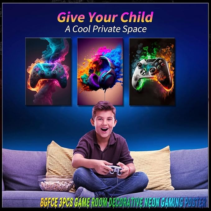 Gaming Room Decor Canvas Wall Art Set of 3 - Cool Video Gaming Theme Wall Decor, Gamer Paintings Picture Print for Teen Boys Room 16x24 inch Framed