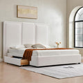 YUHUASHI King Size Bed Frame with 64-inch High Headboard, Simple and Airy Linen Upholstered Platform Bed with Storage Drawers, Wood Slat, No Noise (White, King (U.S. Standard))