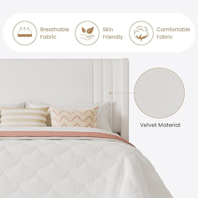SHA CERLIN King Size Velvet Upholstered Platform Bed Frame with Vertical Channel Tufted Wingback Headboard, Wooden Slats Support, Easy Assembly, Under Bed Storage, No Box Spring Required, White