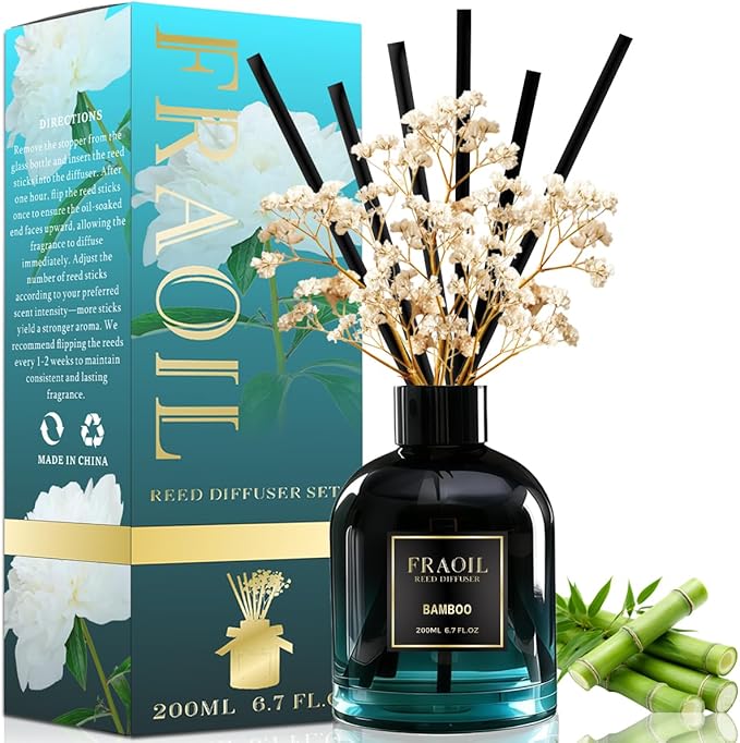 Bamboo Reed Diffuser, Reed Diffuser Set 6.7 fl oz (200 ml) with 6 Reed Sticks, Home Fragrance Reed Diffuser for Bathroom Shelf House Bedroom Office Decor
