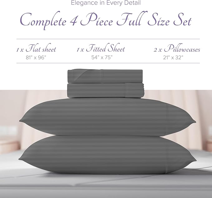 Carressa Linen Luxury Egyptian Cotton Full Stripe Sheet Set, 600 Thread Count Extra Long Staple 4 PC Set, Full Damask Sheets, Soft, Cooling Sateen Weave Striped Sheets Upto 18" Deep Pocket - Dark Grey