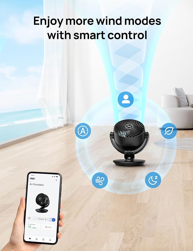 Dreo Smart Fan for Bedroom,120° Vertical and 90° Oscillating Fan with Remote/Voice, 13 Inch Height Quiet Air Circulator for Whole Room, 70 ft, 4 Speeds, 5 Modes, 12H Timer, Desk Fans for Home，Black