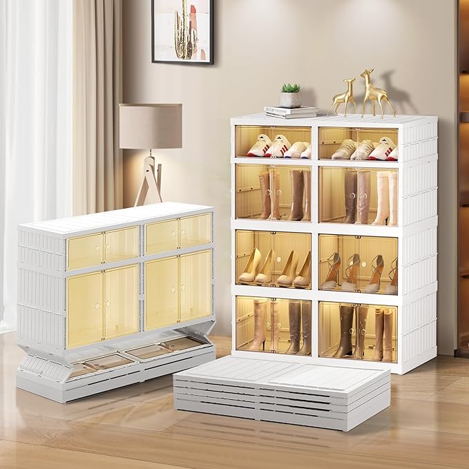 4-Tier Foldable Shoe Rack Organizer for Closet 16Pairs Plastic Collapsible Shoes Storage Box Clear Shoe Boxes Stackable with Door Easy Assembly Shoe Cabinet Bins with Lids Large