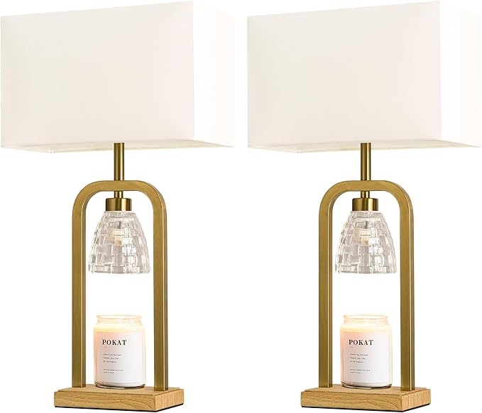 PoKat Gold Table Lamps with Candle Warmer & Timer for Bedroom, Mid Century Modern Modern Bedside Lamps Set of 2 for Night Stands, 21.5'' Bedroom Lamps Decor for Living Room Hallway, Bulbs Included