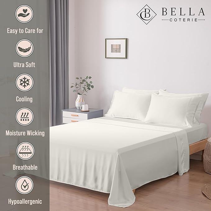 Bella Coterie 6 Piece Luxury Bamboo Viscose California King Size Sheet Set | 100% Organically Grown | Cooling for Hot Sleepers | 18" Deep Pocket | Soft & Hypoallergenic | 4 Pillowcases [Ivory]