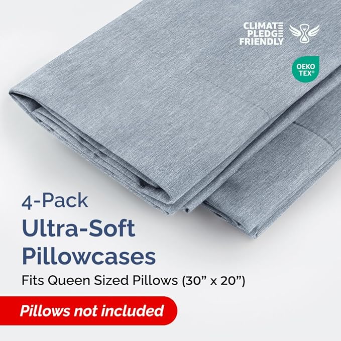 Queen Pillow Cases Set of 4 - Ultra Soft Hotel Quality Pillowcase Covers - Comfy, Cozy & Wrinkle Free - Shrinkage and Fade Resistant - Machine Washable Pillow Protectors - 4 Piece Set - Heathered Blue