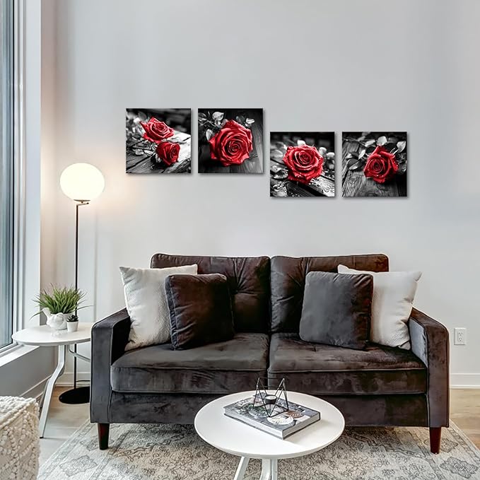 VANSEEING 4 Pieces Red and Black Rose Flower Canvas Wall Art Floral Pictures Prints Modern Romantic Artwork Wall Decor for Valentine's Day Living Room Bedroom 12x12inchx4Pcs