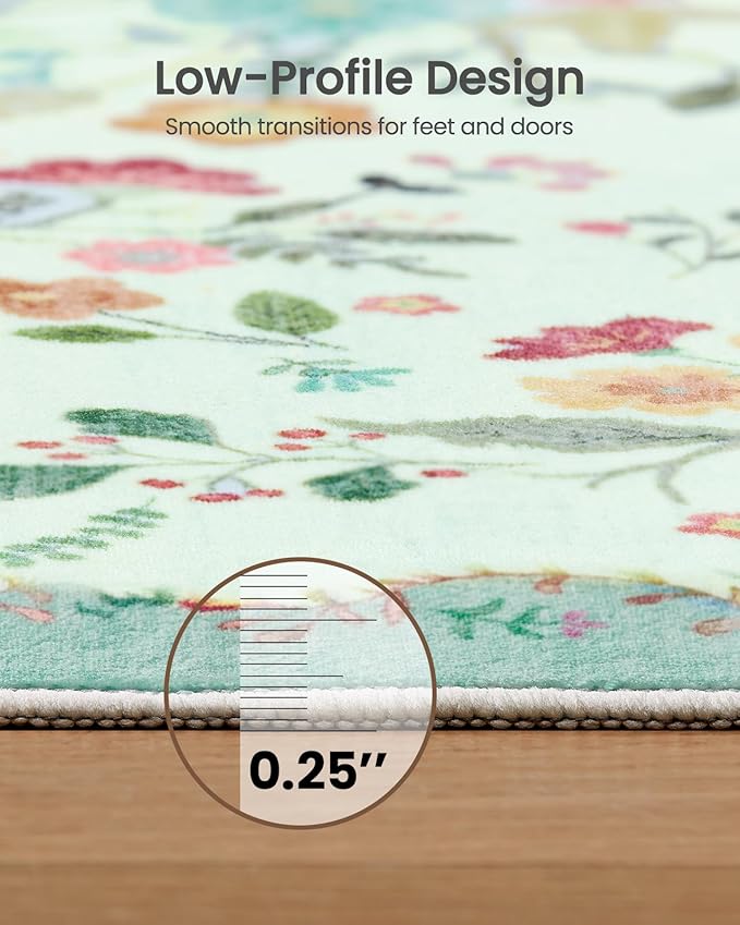 Amada 2x6 Washable Runner Rug, Non-Slip & Low-Profile Kitchen Area Rug with Durable Edge Binding, Boho Floral Pattern, Soft Long Entryway Runner Rugs for Bedroom & Hallway