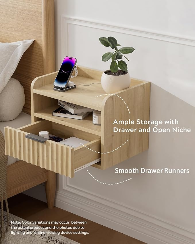 Fluted Floating Nightstand Set of 2, Wall Mounted Bedside Table with Storage Drawer and Open Shelf, Night Stand with Charging Station for Living Room, Bedroom, Dorm, Light Oak