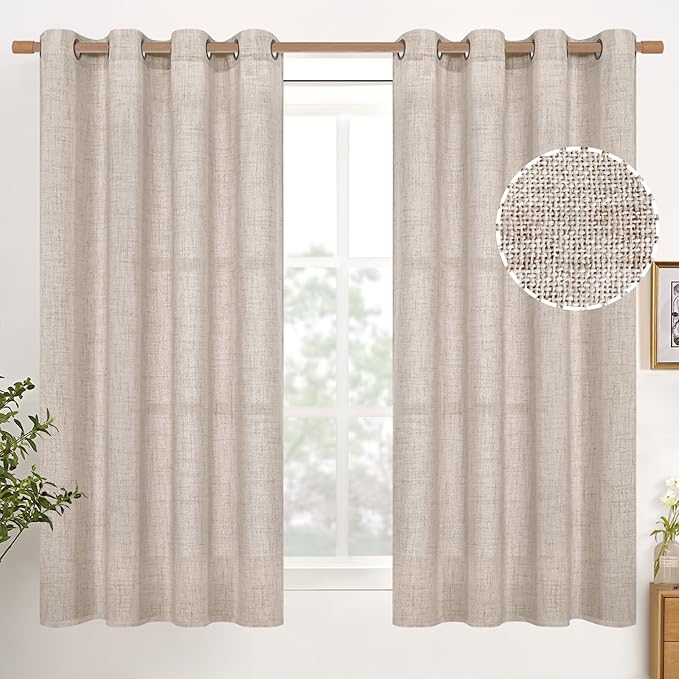 YoungsTex Natural Linen Curtains 45 Inch Length for Short Window Linen Textured Curtains with Bronze Grommet Light Filtering Drapes for Kitchen Small Window, 2 Panels, 52 X 45 Inch