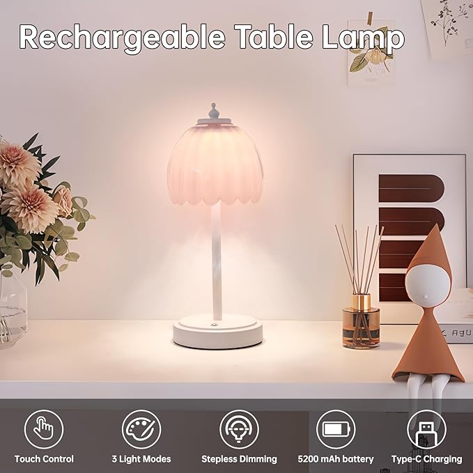 Tulip Table Lamp with 5200mAh Battery & Touch Control, Cordless Small Table Lamp with 3 Colors, Dimmable Rechargeable Table Lamps for Living Room, Bedroom, Desk, Bedside (Creamy Pink Tulip)