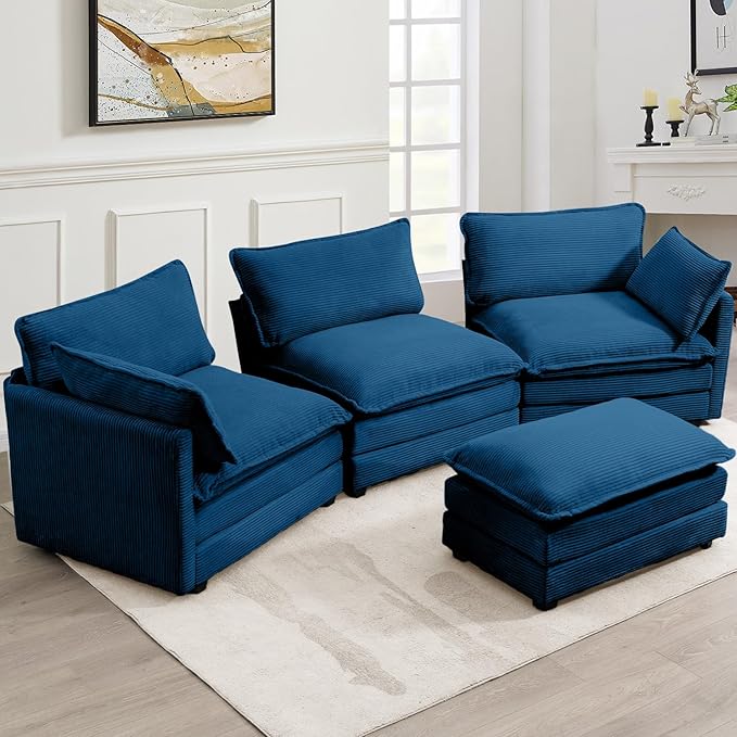 ROWHY Oversized Modular Sectional Sofa with Movable Ottoman, 112 Inch 4 Seat Modern Corduroy Sofa Set, Convertible L Shaped Couch for Living Room and Office, Navy Blue