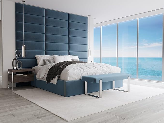 VANT Upholstered Bed Bench - Velvet Peacock Blue- Burnished Brass - Contemporary Modern, Bedroom Bench Seat, Hallway, or Entryway