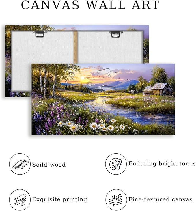 SERIMINO Large Wall Art for Living Room, River Landscape Wall Art, Meadow Wildflower Canvas Art Prints, Countryside Sunset Paintings Wall Decor for Bedroom, Farmhouse Kitchen Decor Pictures 29"X57"