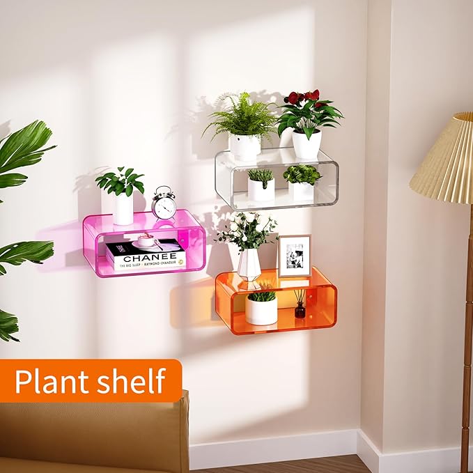 Acrylic Floating Nightstand, Bedside Table, Nightstand Shelf Wall Mounted Bedside Shelf (Orange, Small)