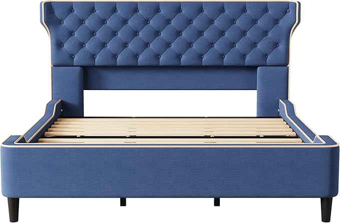 Christopher Knight Home Salus Linen Upholstered King Size Bed Frame with Headboard, Modern King Bed Frame and Headboard, Wooden Slats Support, Easy Assembly, No Box Spring Needed, Blue