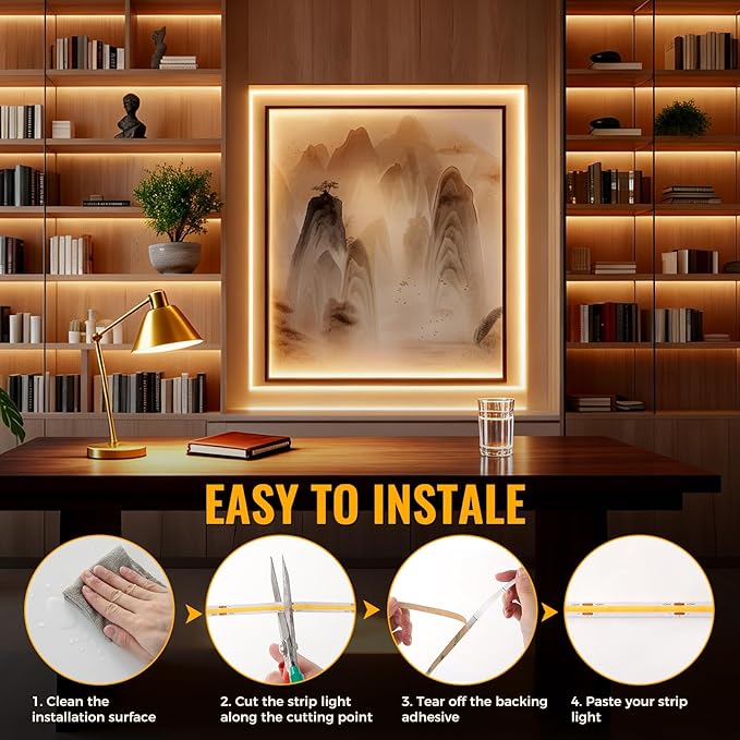 40Ft COB LED Strip Lights, Warm White 3000K Dimmable LED Light Strip with Remote, Seamless & No Strobe, Flexible & Cuttable, Complete Kit for Kitchen, Bedroom, Cabinet Lighting