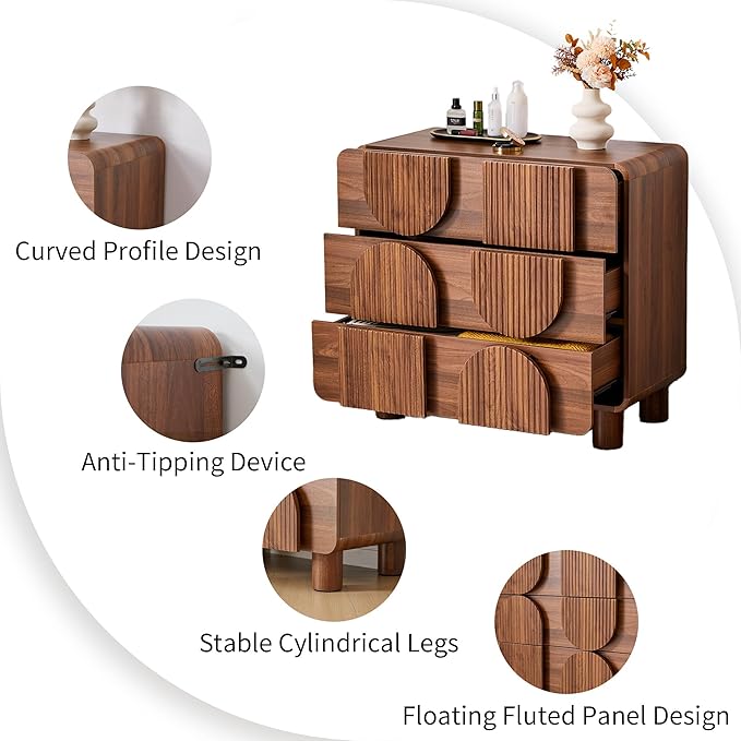 3 Drawer Dressers for Bedroom, 31.5" Wide Large Mid Century Modern Fluted Nightstand 2 Sets, Wood Dresser & Chest of Drawers with Curved Profile for Living Room, Entryway, Hallway Walnut