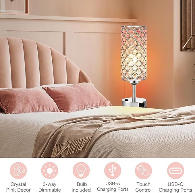Pink Crystal Lamp Set of 2, 3 Way Dimmable Touch Lamp for Bedroom with Crystal Shade, Bedside Nightstand Lamps for Living Room Bedroom Home Office