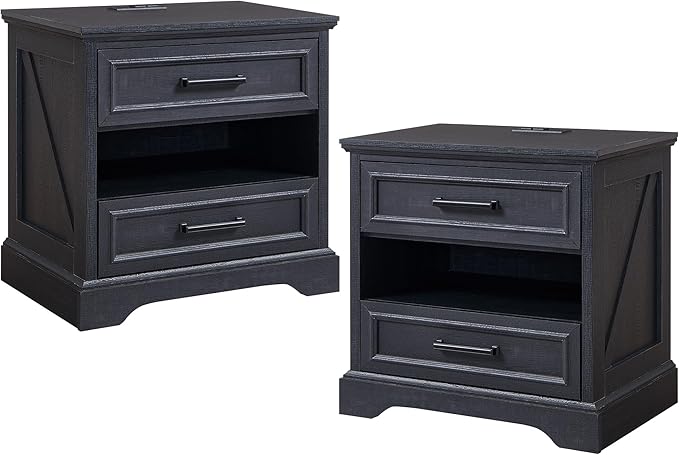 ACCOHOHO 24" Farmhouse Nightstand Set of 2 with Charging Station, 2 Drawers Large Bedside Table with Open Shelf, Rustic End Table for Bedroom - Black