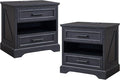 ACCOHOHO 24" Farmhouse Nightstand Set of 2 with Charging Station, 2 Drawers Large Bedside Table with Open Shelf, Rustic End Table for Bedroom - Black