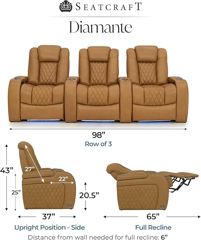 Seatcraft Diamante Zero-Gravity CoolZero Italian Leather Home Theater Seating, Power Headrest, Power Recline, Row of 3, Tan Oak