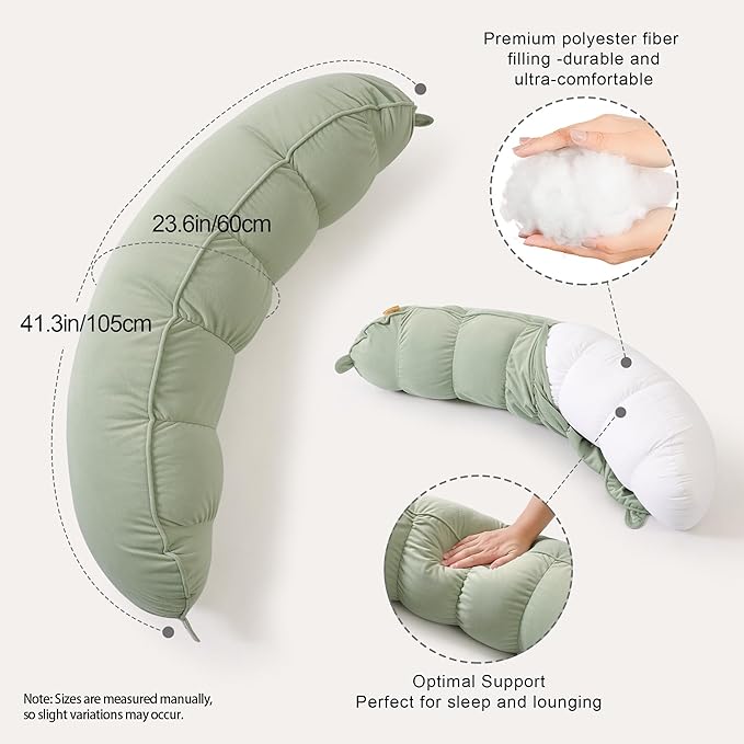 Peallow(Pat. Pend) – Long Round Body Pillow for Adults, Bolster Pillow for Sleeping, Soft and Supportive Pillow for Sleeping & Lumbar Support (Celadon Green, 29.5")
