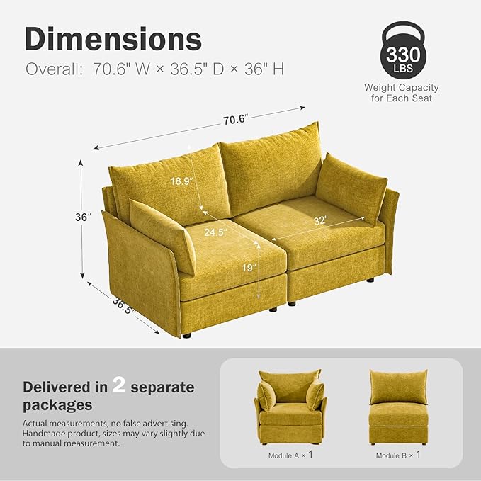 ABCASA Oversized Loveseat Sofa, Modern Modular Sectional Couch Yellow Fluffy Chenille Mid Century 2-Seat 24.5" Deep Seat for Apartment, Living Room, Bedroom