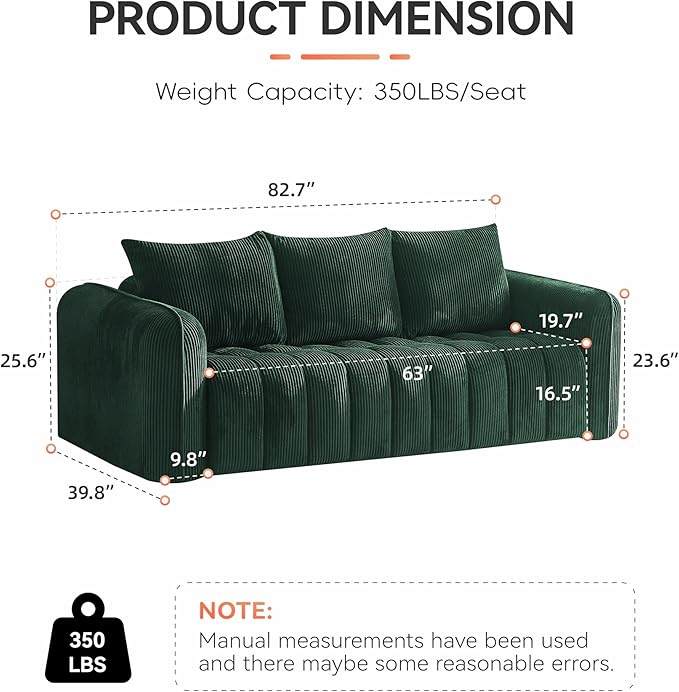 83'' Boneless Corduroy Sofa, Oversized 3 Seater Deep Seat Couch with Rounded Armrest, Modern Upholstered Cloud Sofa for Living Room, No Assembly, Grey