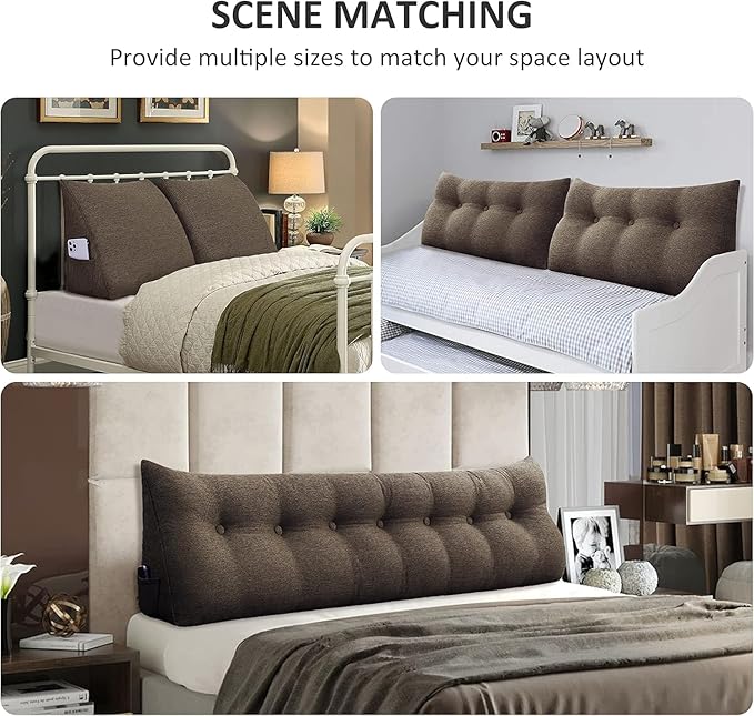 homecozy Wedge Headboard Pillow Dorm Room Reading Pillow Back Support for Sitting Up in Bed Bolster Lumbar Cushion Body Positioning Bedrest Cotton Linen 59in Coffee Queen