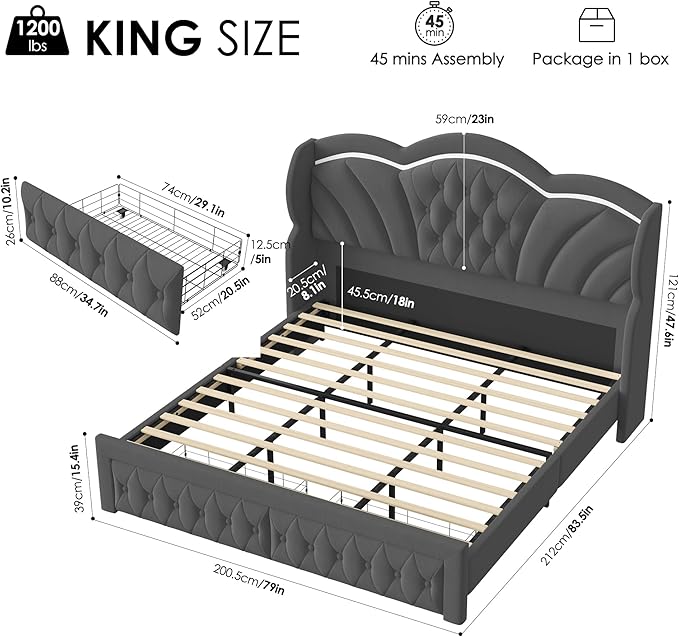 Keyluv King Bed Frame with LED Lights and 2 Storage Drawers, Velvet Upholstered Platform with 47" Tall Arc-Shaped Wingback Headboard and Button Tufted Design, No Box Spring Needed, Noise-Free, Gray