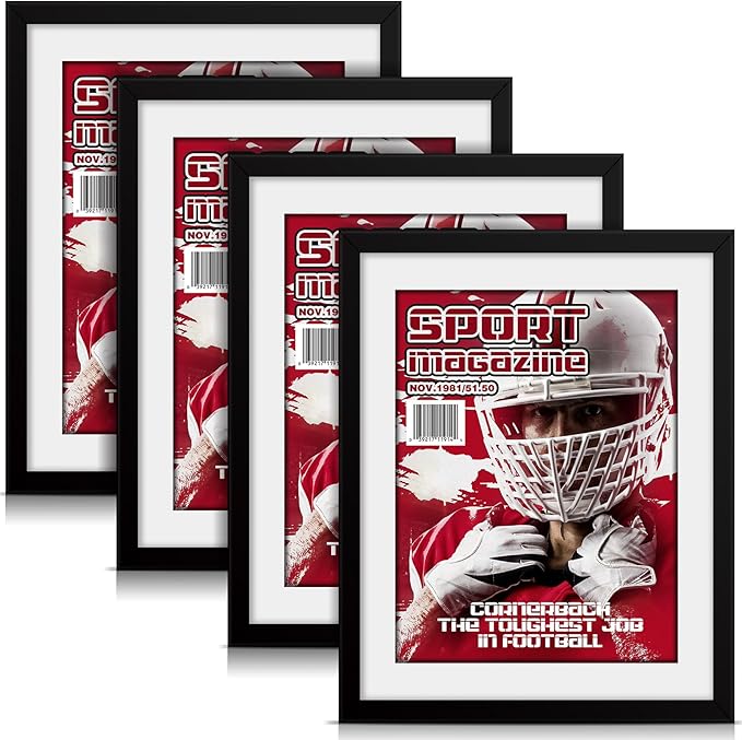 Geetery 4 Pcs Sports Magazine Frame for Wall Fits Measuring 8.5 x 11.25" Magazine Display Frame with Installed Hangers and Core Matting Plastic Comic Book Frames for Wall Hanging(Black , White Mat)