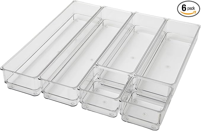 Martha Stewart Miles Plastic Stackable Office Desk Drawer Organizers, Set of 6, Clear