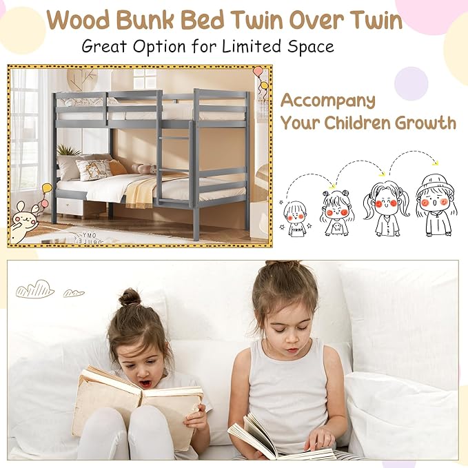 KOMFOTT Wood Bunk Bed Twin Over Twin, Bunk Bed with Ladder & Safety Guardrail, Solid Wood Bed Frame, Ideal for Dormitory & Multiple-Child Family, No Box Spring Needed, Kids Bunk Bed