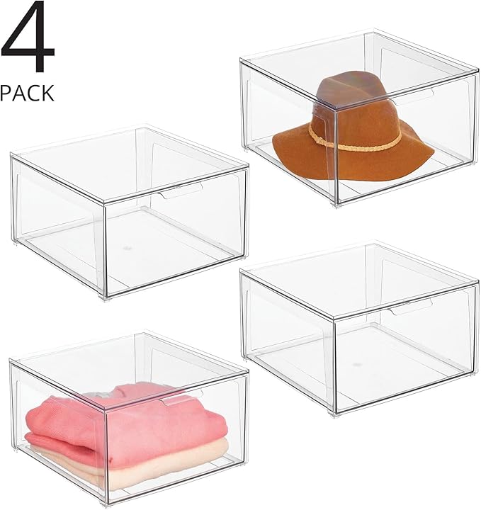 mDesign Plastic Stackable Closet Storage Organizer Bin Containers with Front Pull Drawer for Cabinet, Desk, Shelf, Cupboard, or Dresser Organization - Lumiere Collection - 4 Pack - Clear