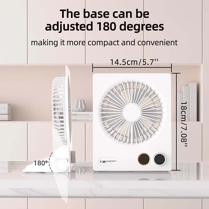 VEMONT 180°Foldable Portable Personal Fan Built-in 5000mAh Rechargeable Battery,Remote Control,Variable Stepless Speed.Hanging Design,Suitable For Home, Office, Travel,And Outdoor Use,Great Gift